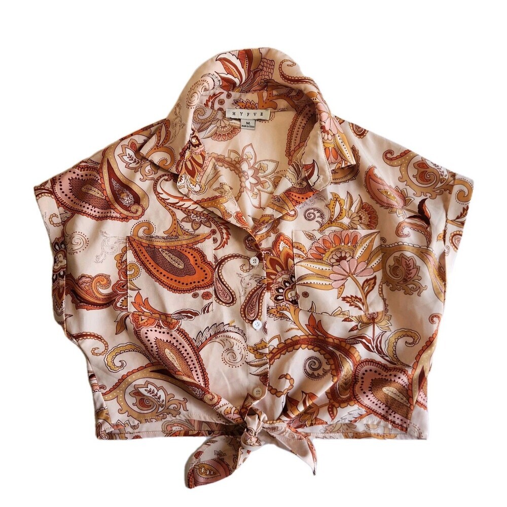 Hyfve Paisley Floral Fairycore Peasant Cropped Tie Shirt Sz M - Picture 2 of 9
